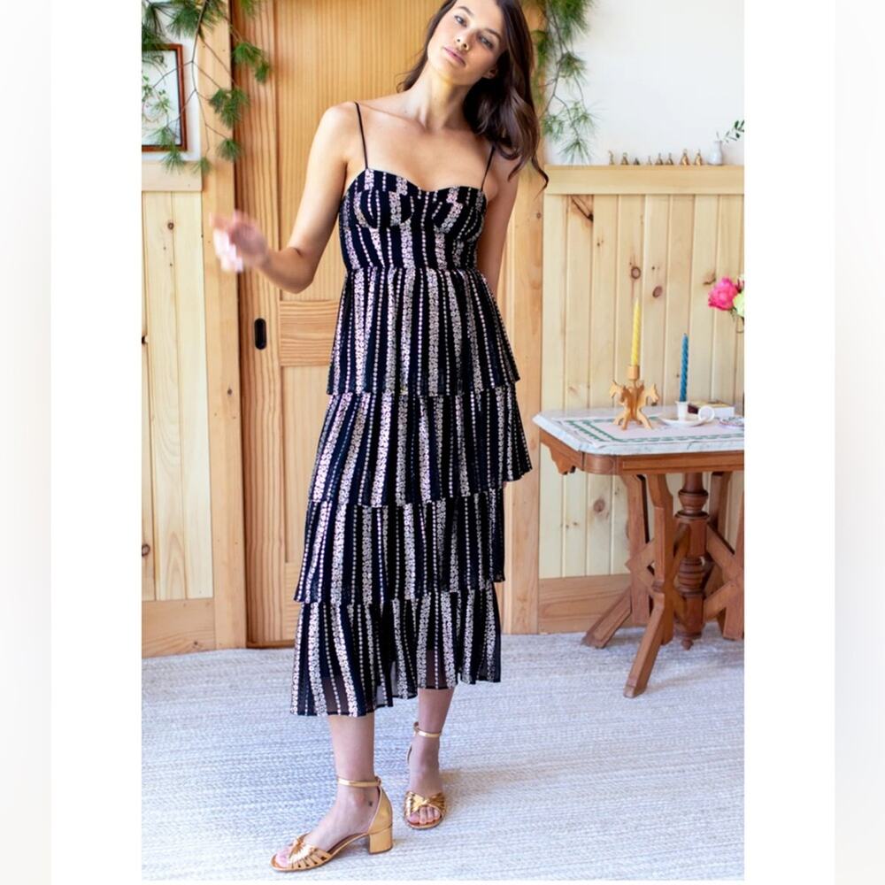 EMERSON FRY fitted bodice ruffle dress black lurex metallic tiered